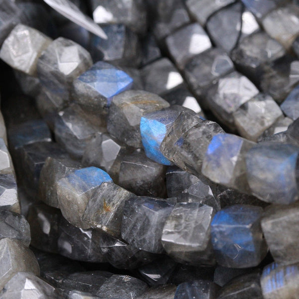 Faceted Labradorite Square Dice Cube Beads 8mm 9mm Natural Labradorite Brilliant Intense Black Blue Flashes Fire Good For Earring 16" Strand