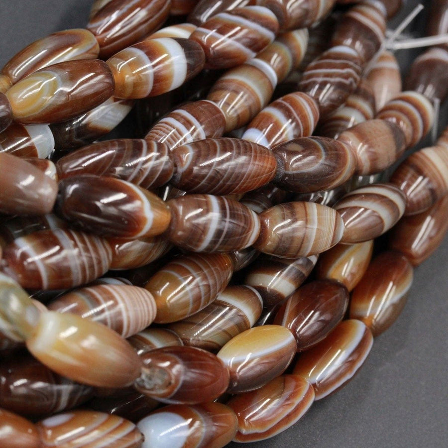 Natural Tibetan Agate Barrel Drum Tube Beads Highly Polished Smooth Dark Brown White Agate  Amazing Veins Bands Strikes 16" Strand