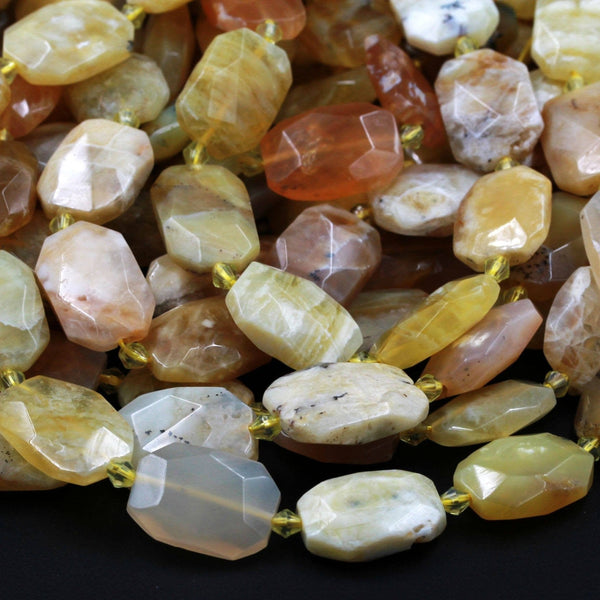 Natural Chunky Faceted Yellow Opal Slab Cushion Rectangle Rectangular Nugget Slice Pendant Focal Beads 16" Strand