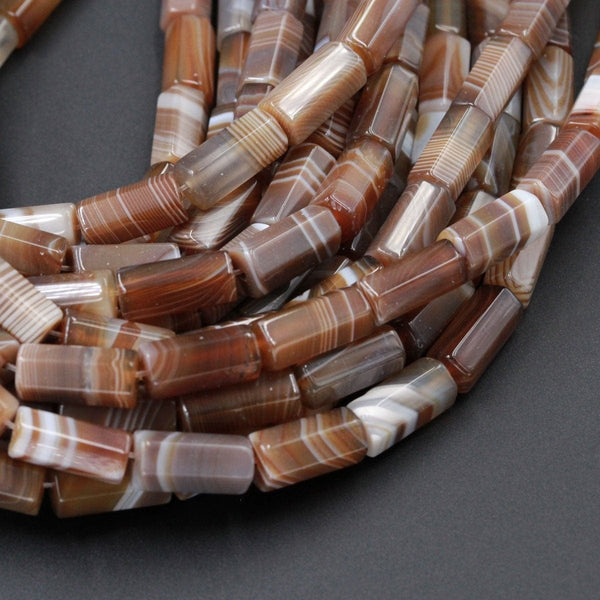 Tibetan Agate Beads Highly Polished Faceted Tube Nuggets Amazing Veins Bands Stripes High Quality Brown White Bead 16" Strand