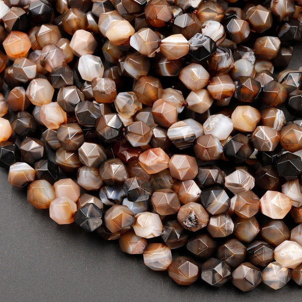 Star Cut Natural Tibetan Agate Beads Faceted 8mm Rounded Nugget Sharp Facets Brown Black Agate 15" Strand