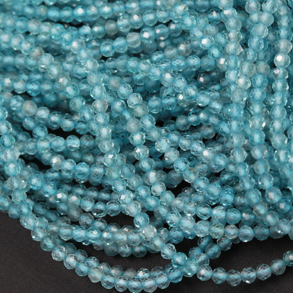 Micro Faceted AAA Tiny Small Natural Apatite Faceted Round Beads 2mm Faceted Round Beads Translucent Aqua Blue Gemstone 16" Strand