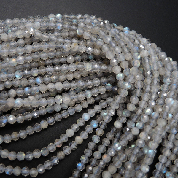 Micro Faceted Tiny Natural Light Grey Labradorite Round Beads 3.5mm Faceted Round Beads 16" Strand