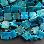 Natural Blue Apatite Square Beads Thin Slice Flat Teal Blue Gemstone Designer Beads Unique Gem Cut 16" Strand