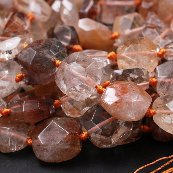 Natural Brazilian Quartz Octagon Thick Cushion Cube Square Dice Beads Golden Red Phantom Quartz Rutile Quartz Natural Crystal 16" Strand