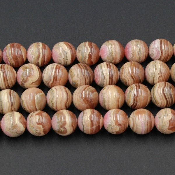 Natural Brown Pink Rhodochrosite Beads 12mm Round Beads Earthy Brown Interesting Caramel Peach Matrix High Polish Spheres Beads 16" Strand