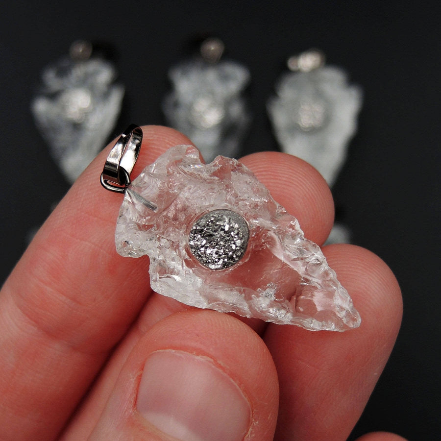 Natural Rough Raw Rock Crystal Quartz Pendants With Silver Druzy Inlay Hand Hammered 1 Inch Arrowhead Pendant Focal Bead