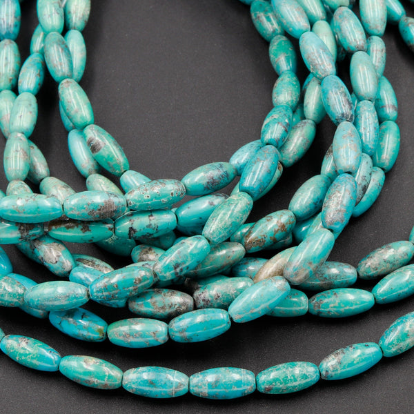 Small Natural Turquoise 10mm x 5mm Rice Beads Thin Barrel Drum Long Oval Beads Real Genuine Blue Turquoise Gemstone 16" Strand