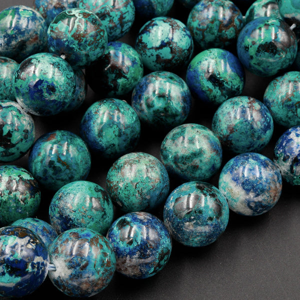 Rare Natural Shattuckite Round 16mm Beads Large Vibrant Blue Green Chrysocolla Azurite Round Gemstone 16" Strand