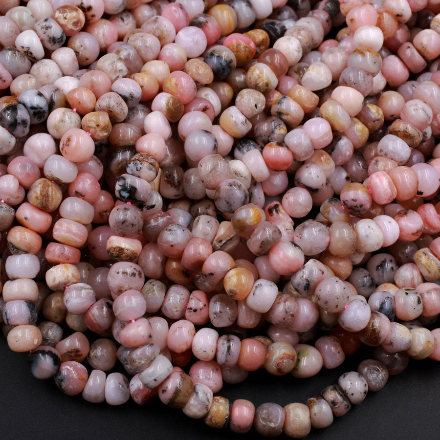 Natural Peruvian Pink Opal 7mm 8mm Rounded Rondelle Beads Nuggets Interesting Black Dendritic Matrix 16" Strand