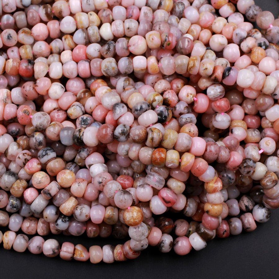Natural Peruvian Pink Opal 7mm 8mm Rounded Rondelle Beads Nuggets Interesting Black Dendritic Matrix 16" Strand