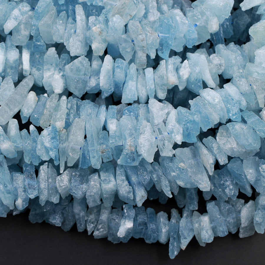 Rough Raw Natural Aquamarine Beads Freeform Center Drilled Chip Nuggets Hand Hammered Chiseled Blue Gemstone Organic Cut 15.5" Strand