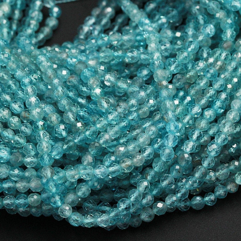 Micro Faceted AAA Tiny Small Natural Apatite Faceted Round Beads 2mm 3mm 4mm Faceted Round Beads Translucent Aqua Blue Gemstone 16" Strand