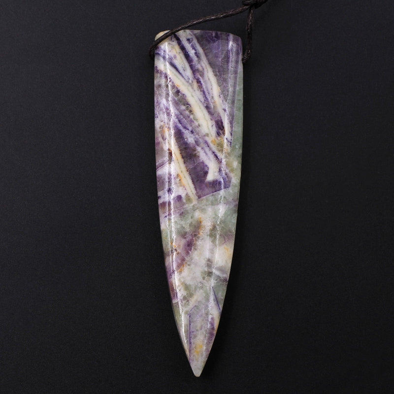 Natural Petrified Purple Fluorite Pendant Dagger Spike Natural Stone Pendant Side Drilled Long Triangle Multi Color Purple Green Yellow