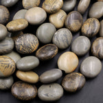 Natural Artistic Jasper Large Puffy Oval Beads Beads Earthy Yellow Brown Slate Gray Jasper 16" Strand