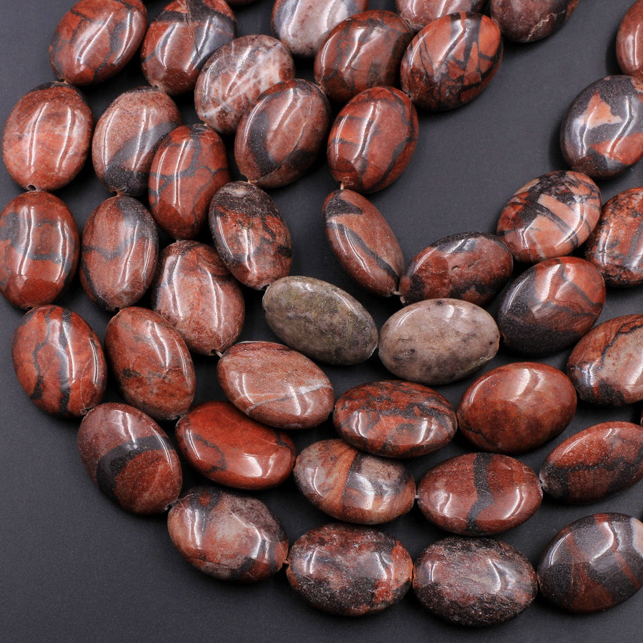 Large Natural Red Poppy Jasper Puffy Oval Beads 25mm 16" Strand