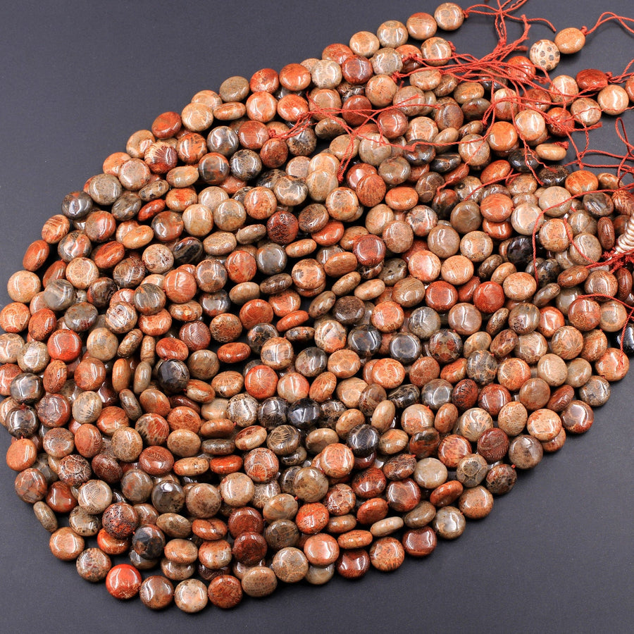 A Grade Natural Indonesian Fossil Coral Coin Beads 10mm Red Brown Tan Beige Beads 16" Strand