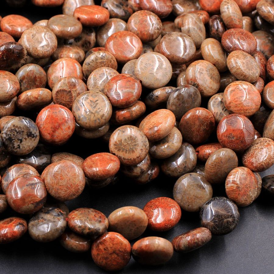 A Grade Natural Indonesian Fossil Coral Coin Beads 10mm Red Brown Tan Beige Beads 16" Strand