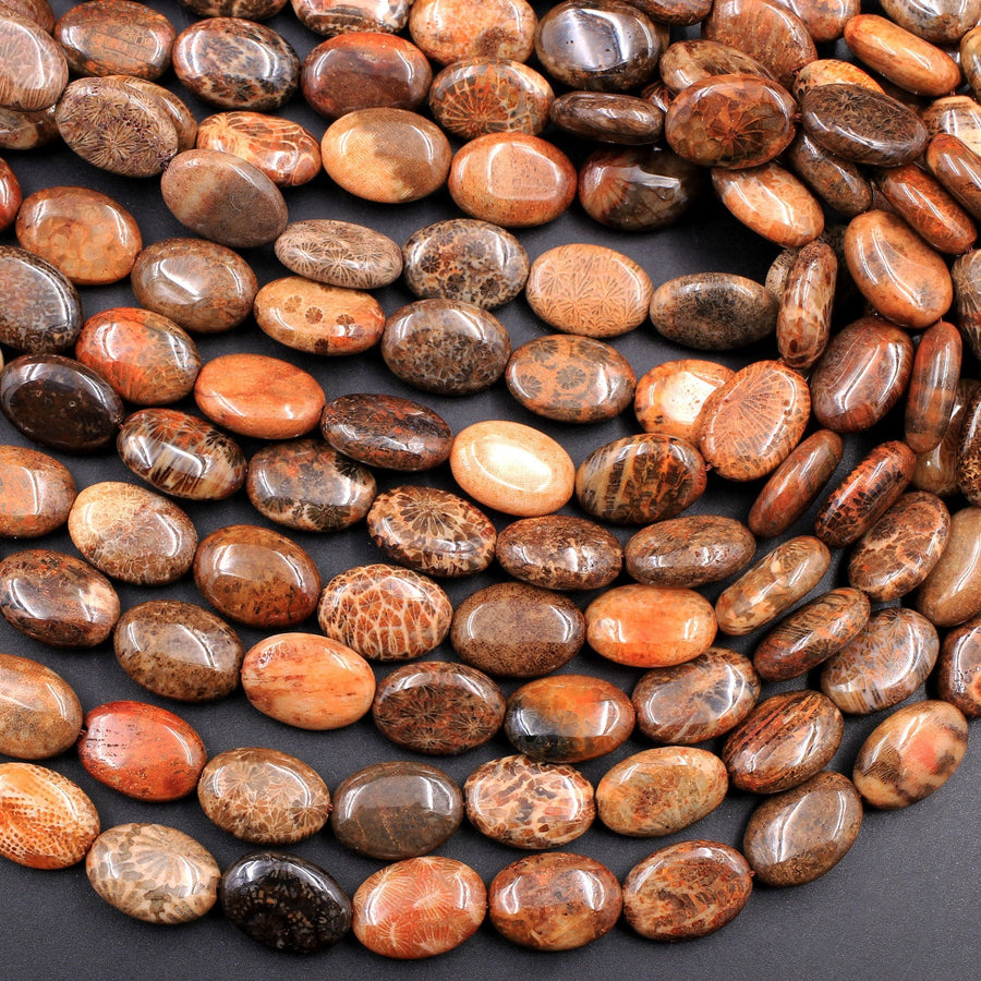 A Grade Natural Indonesian Fossil Coral Oval Beads 14x10mm Red Brown Tan Gray Beads 16" Strand