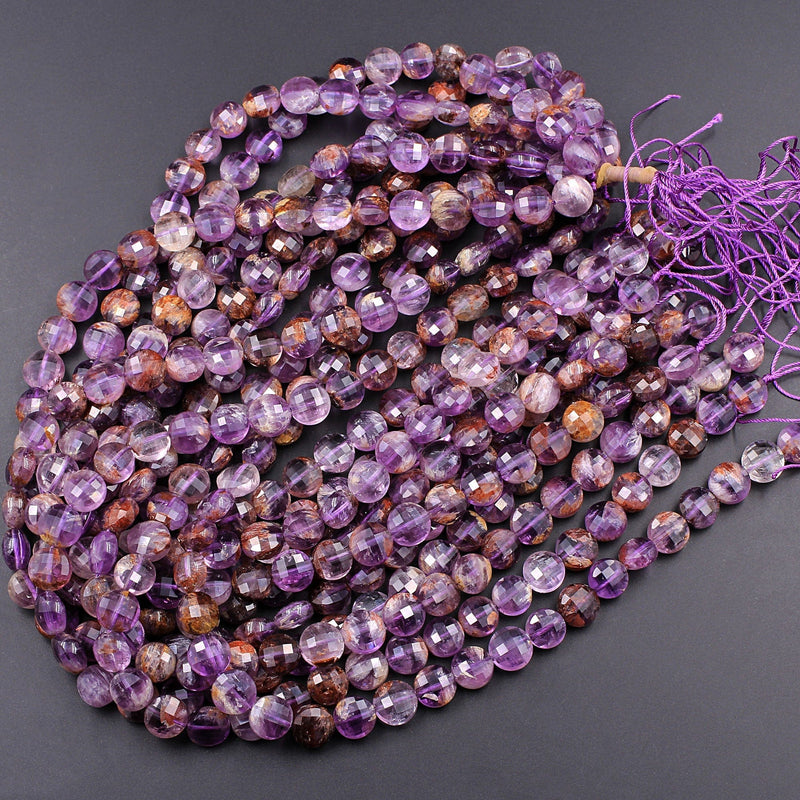 Amethyst Super 7 Beads 8mm Round Cacoxenite Rutile Quartz Crystal