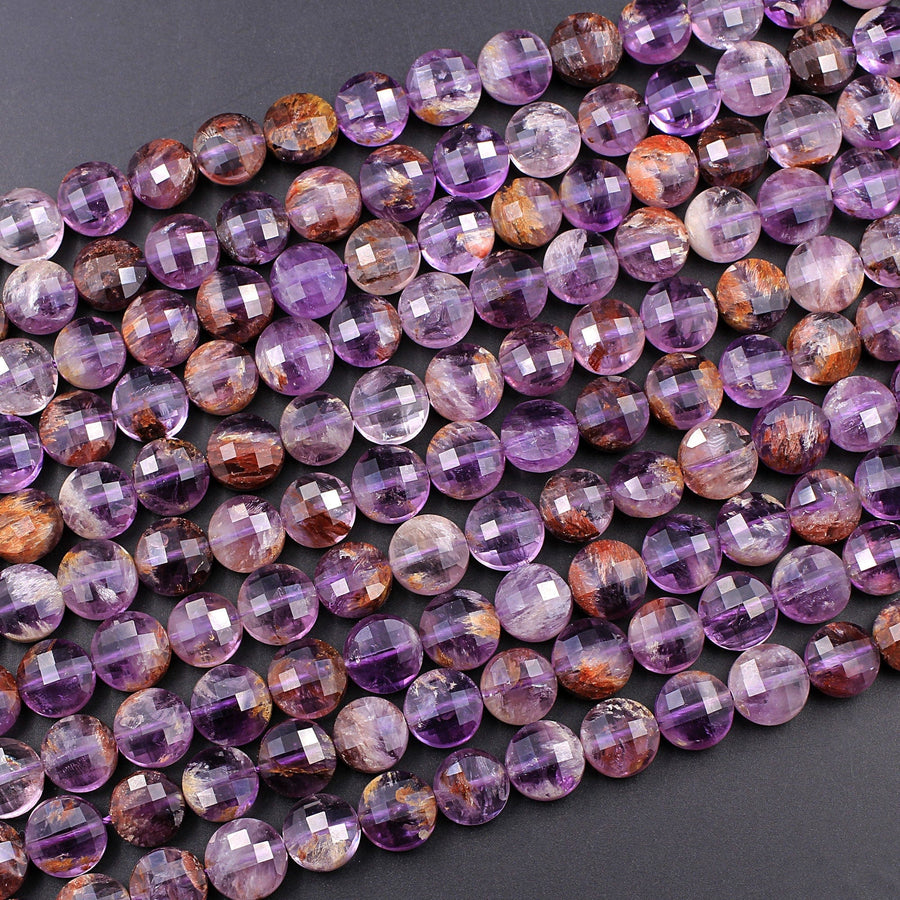 Super 7 Crystal Element Natural Phantom Amethyst Cacoxenite Faceted Coin 6mm 8mm 10mm Micro Cut Geometric Powerful Healing Stone 15.5" Strand