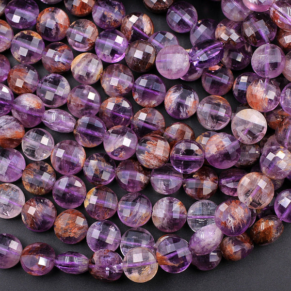Super 7 Crystal Element Natural Phantom Amethyst Cacoxenite Faceted Coin 6mm 8mm 10mm Micro Cut Geometric Powerful Healing Stone 15.5" Strand