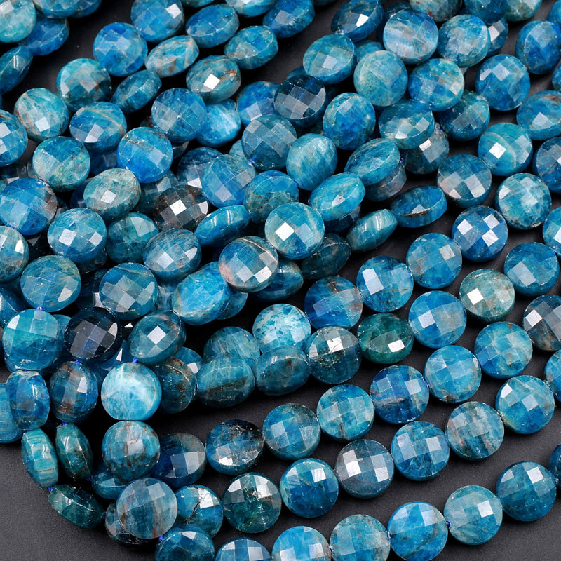 Natural Blue Apatite Faceted Coin 6mm 8mm 10mm Beads 15.5" Strand