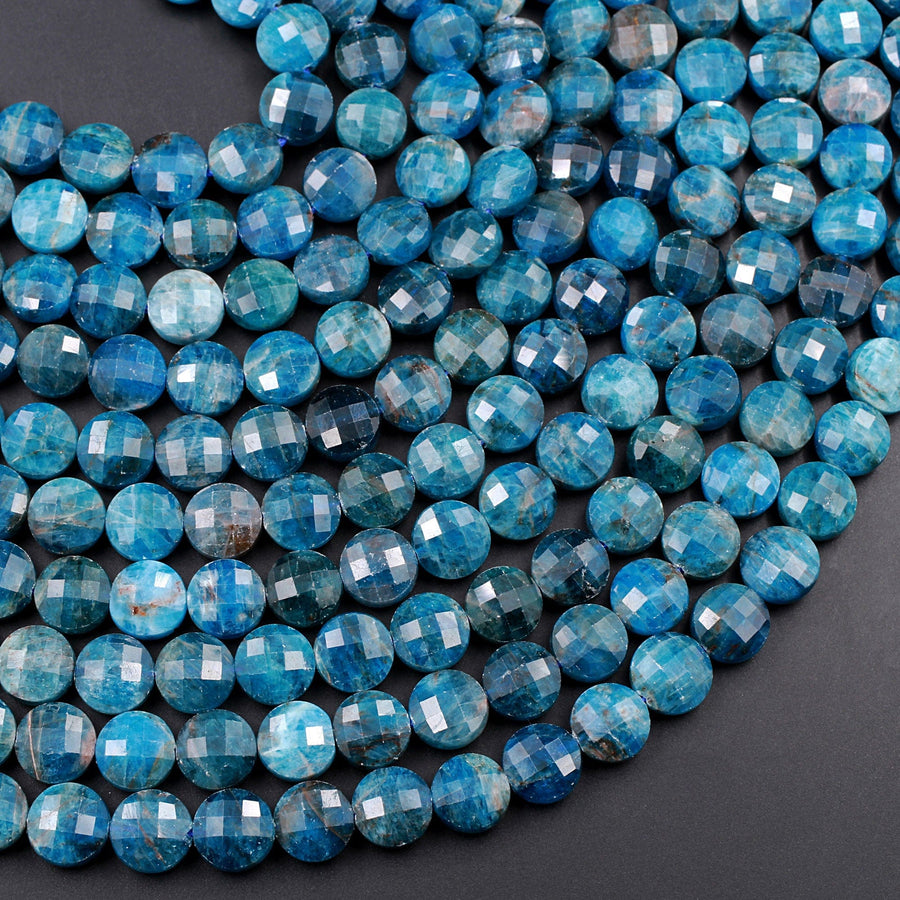 Natural Blue Apatite Faceted Coin 6mm 8mm 10mm Beads 15.5" Strand