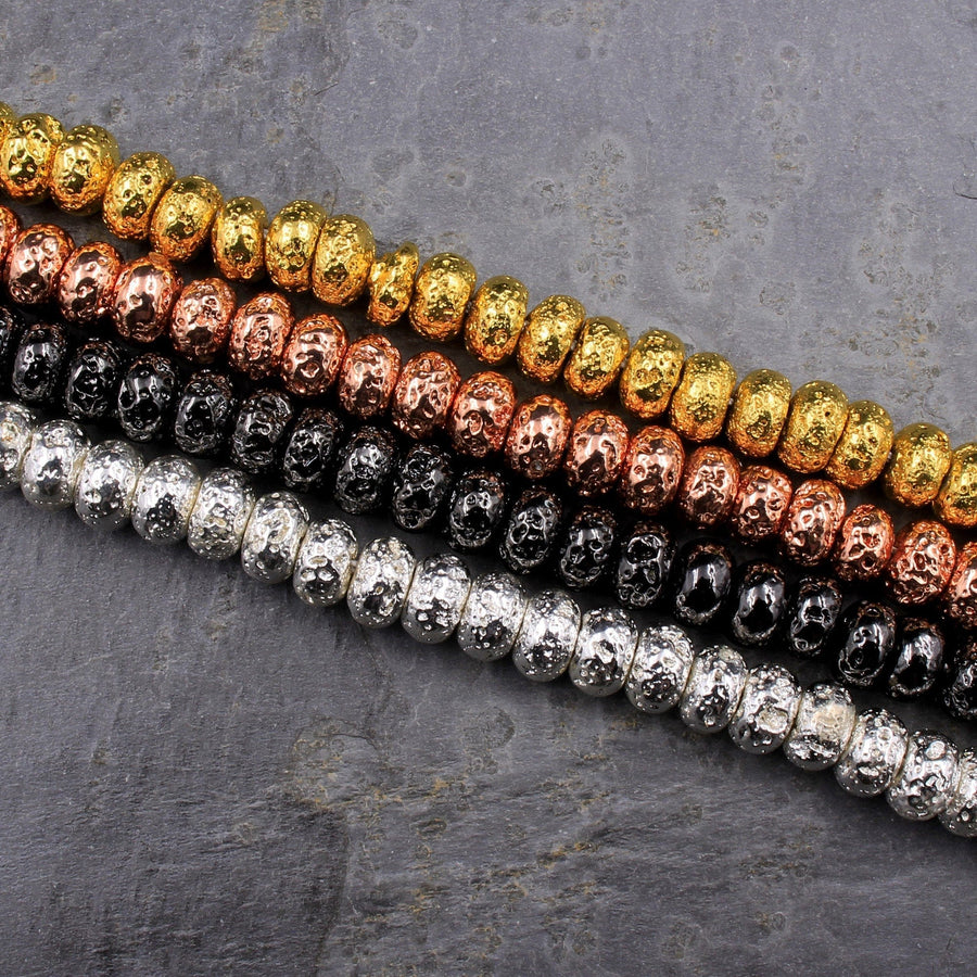 Titanium Lava Rondelle Beads 8mm Natural Volcanic Rock Stone Metallic Gold Silver Gunmetal Rose Gold Electroplated 16" Strand