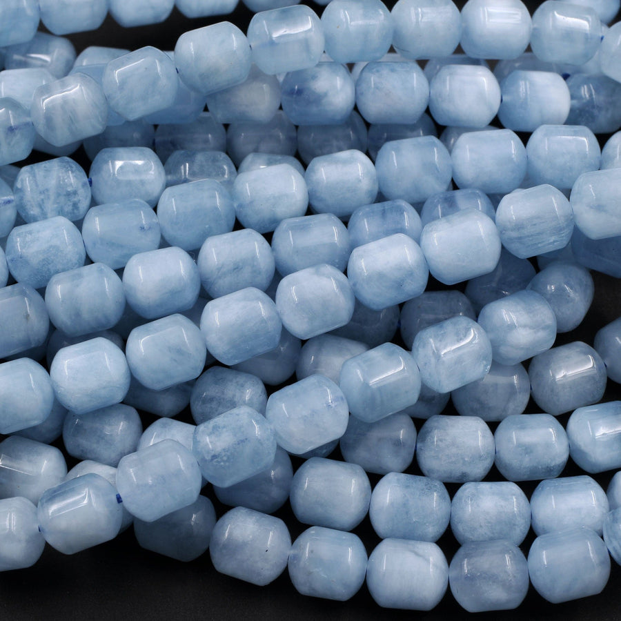 AA Natural Aquamarine Rounded Barrel Drum Tube Bullet Beads Real Genuine Blue Aquamarine Polished Gemstone 16" Strand
