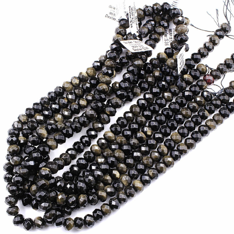 Natural Golden Black Obsidian Faceted Rondelle Beads 10mm AAA High Quality 16" Strand