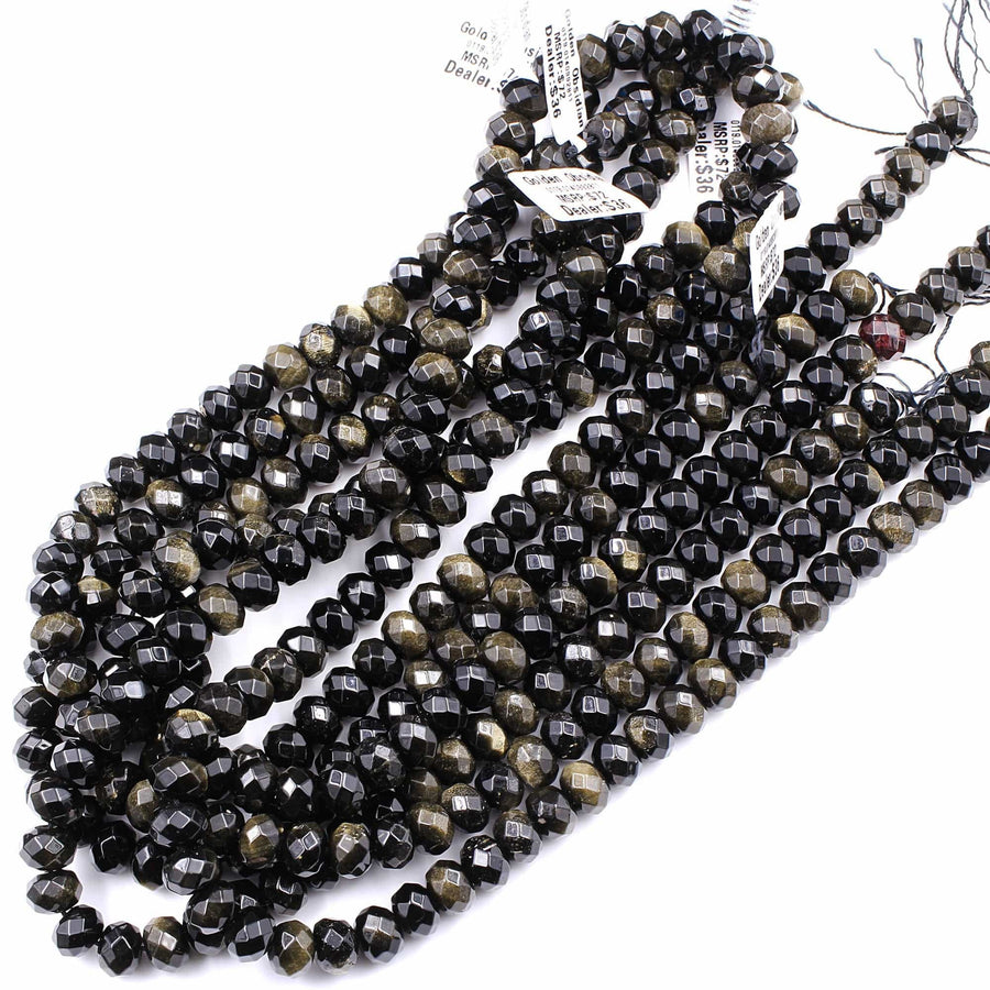 Natural Golden Black Obsidian Faceted Rondelle Beads 10mm AAA High Quality 16" Strand