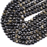 Natural Golden Black Obsidian Faceted Rondelle Beads 10mm AAA High Quality 16" Strand