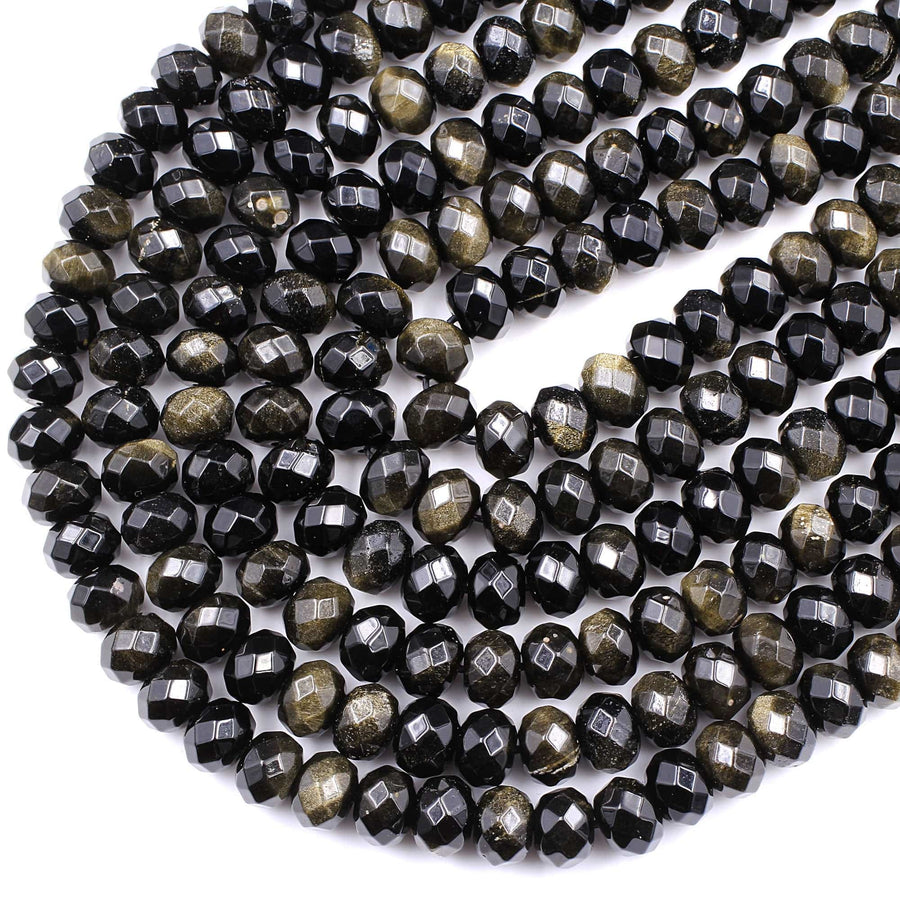 Natural Golden Black Obsidian Faceted Rondelle Beads 10mm AAA High Quality 16" Strand