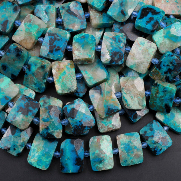 Faceted Natural Chrysocolla Rectangle Beads Cushion Slab Nugget From Arizona Copper Mine Vibrant Blue Green Gemstone 16" Strand