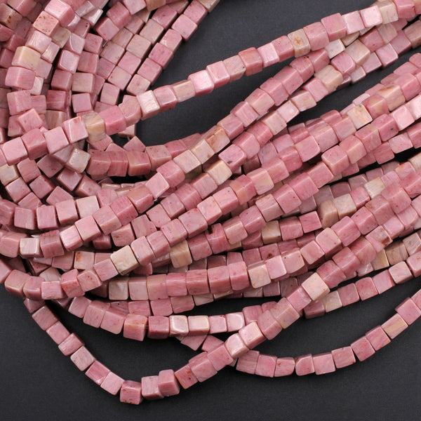 Small Natural Pink Rhodonite Cube Beads 4mm Square Dice Earthy Pink Beads 16" Strand