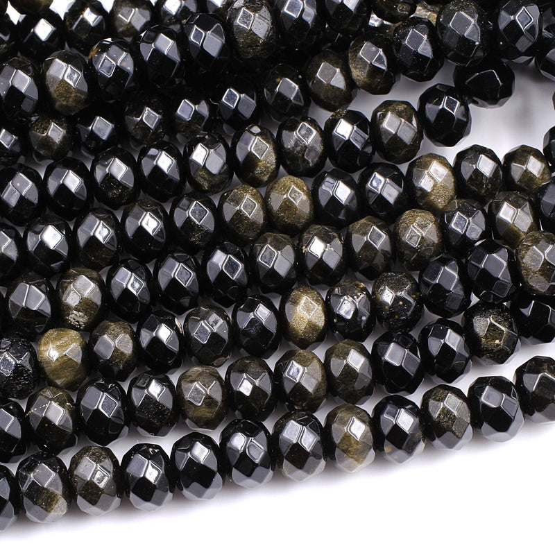 Natural Golden Black Obsidian Faceted Rondelle Beads 10mm AAA High Quality 16" Strand