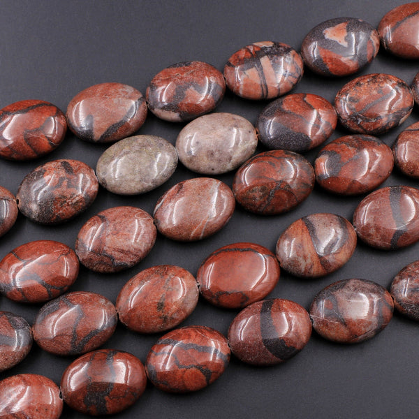 Large Natural Red Poppy Jasper Puffy Oval Beads 25mm 16" Strand
