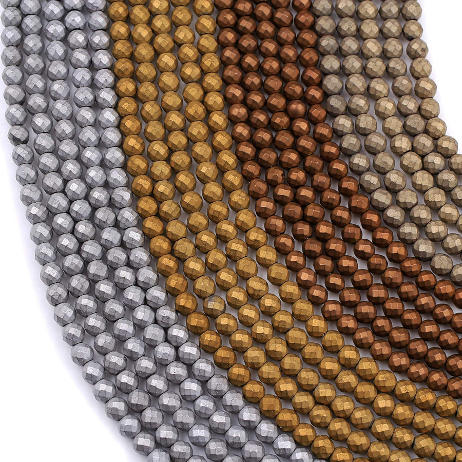 Matte Faceted Hematite 3mm 4mm Round Beads Small Spacer Silver Gold Bronze Champagne Beads 15.5" Strand