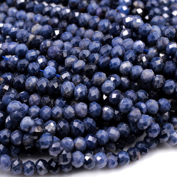 Micro Cut Faceted Natural Blue Sapphire 4mm 5mm Rondelle Beads Earthy Genuine Real Blue Sapphire Gemstone 16" Strand