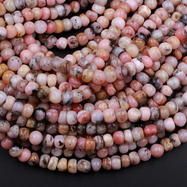 Natural Peruvian Pink Opal 7mm 8mm Rounded Rondelle Beads Nuggets Interesting Black Dendritic Matrix 16" Strand