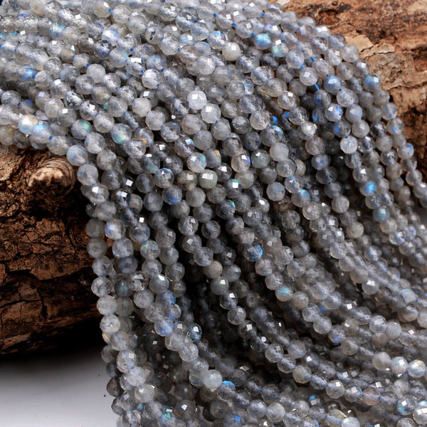 AA Grade Natural Labradorite 4mm Faceted Round Beads Micro Faceted Flashy Blue Labradorite Gemstone 16" Strand