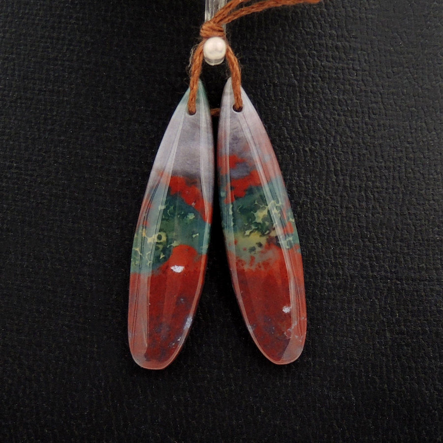 Drilled Gemstone Pair Natural Bloodstone Thin Long Teardrop Cabochon Cab Pair Matched Earrings Bead Pair Bright Green Red Stone