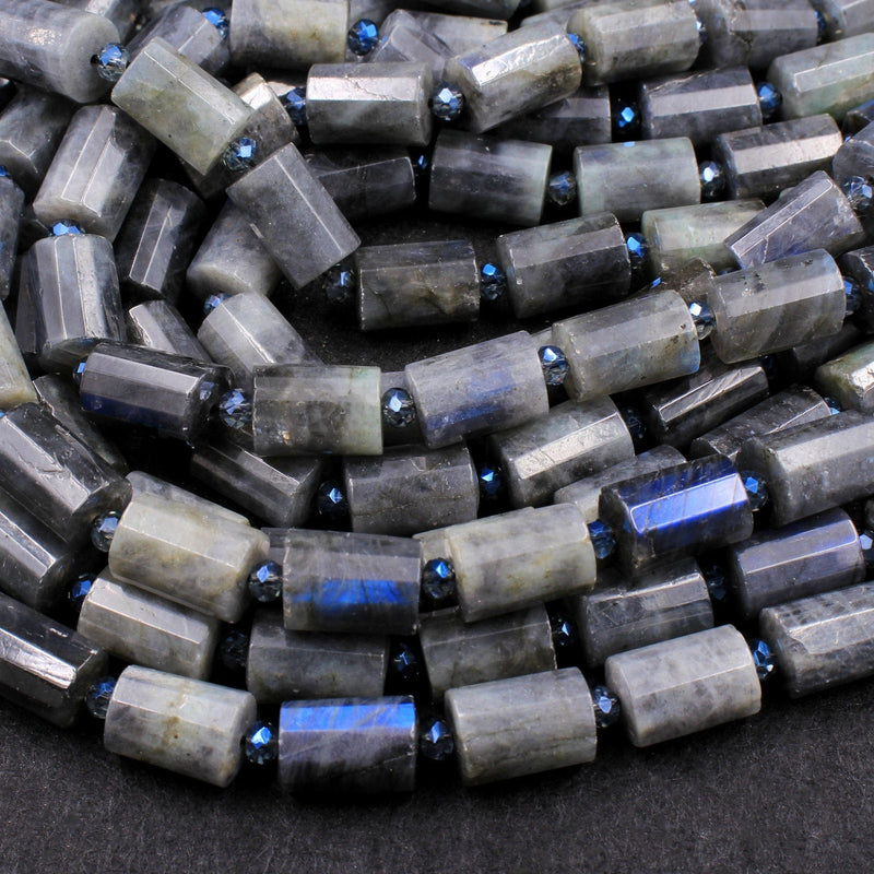 Natural Labradorite Faceted Tube Cylinder Nugget Beads Blue Flashes 15.5" Strand