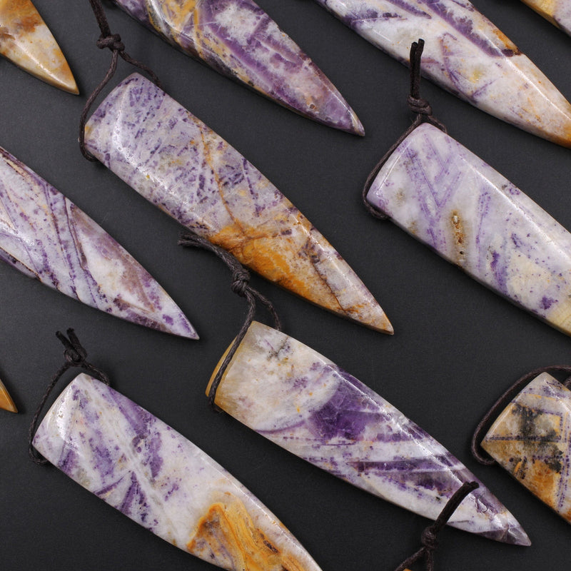 Natural Petrified Purple Fluorite Pendant Dagger Spike Natural Stone Pendant Side Drilled Long Triangle MultiColor Purple Brown Yellow