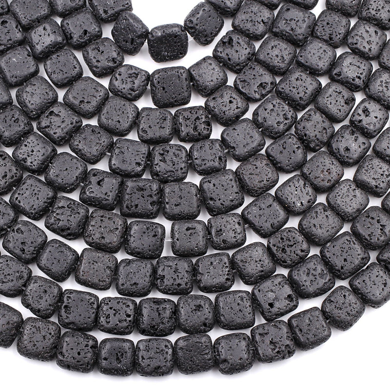 Lava Square Beads Cushion Raw Rough Porous Natural Volcanic Black Lava Stone Organic Earthy Stone 15.5" Strand