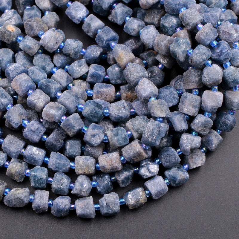 Raw Organic Natural Blue Sapphire Nugget Beads Hand Hammered Genuine Sapphire Gemstone 16" Strand