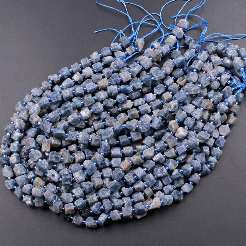 Raw Organic Natural Blue Sapphire Nugget Beads Hand Hammered Genuine Sapphire Gemstone 16" Strand