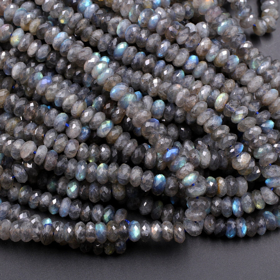Faceted Labradorite Rondelle Beads 6mm 8mm 10mm Nothing But Brilliant Rainbow Blue Flashes Fire 15.5&quot; Strand