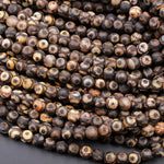 Tibetan Agate 8mm Round Beads Dzi Agate Dark Brown Black Eye Matte Mala Antique Boho Beads 16" Strand